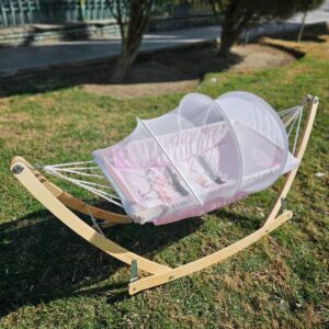 بانوج (گهواره سنتی،ننو) چوبی 12 طنابه مخمل خرگوش صورتی (با پشه بند)