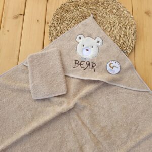 ست حوله و لیف سایز بزرگ پارچه تبریز Bear گلدوزی کرم کول بی بی