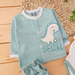 ست لباس 3 تکه دایناسور سبز کرم پانی