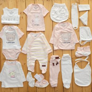 ست لباس 19تکه بیمارستانی پنبه خالص سرهمی دار خرس راه راه صورتی چیاکو