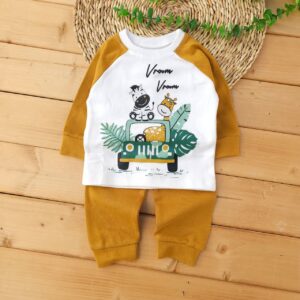 بلوز شلوار پنبه دورس حیوانات خردلی آراس