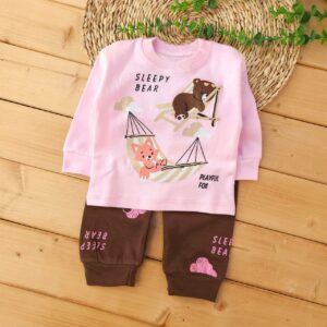 بلوز شلوار پنبه دورس روباه و خرس صورتی شکلاتی آراس