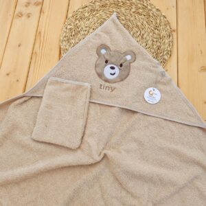 ست حوله و لیف سایز بزرگ پارچه تبریز گلدوزی دار خرس Tiny کرم لاوی Qbaby