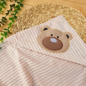 پتو کلاه دار مخمل کبریتی گلدوزی دار خرس کرم