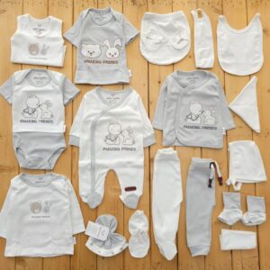 ست لباس 19تکه بیمارستانی پنبه خالص سرهمی دار خرگوش و خرس طوسی چیاکو