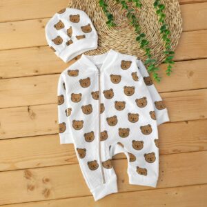 سرهمی کلاه دار کبریتی زیپی خرس ریز زمینه سفید نی نی روز