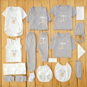 ست لباس 19تکه بیمارستانی پنبه ای خرس و چتر طوسی ادورا