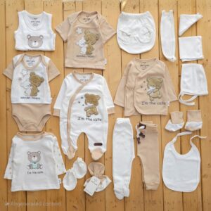 ست لباس 19تکه بیمارستانی پنبه خالص سرهمی دار خرس و ستاره پشمالو کرم چیاکو