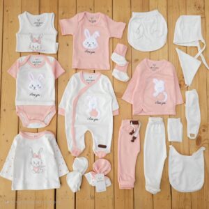 ست لباس 19تکه بیمارستانی پنبه خالص سرهمی دار خرگوش صورتی چیاکو