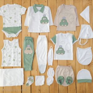 ست لباس 19تکه بیمارستانی پنبه خالص ماشین سبز BabySet